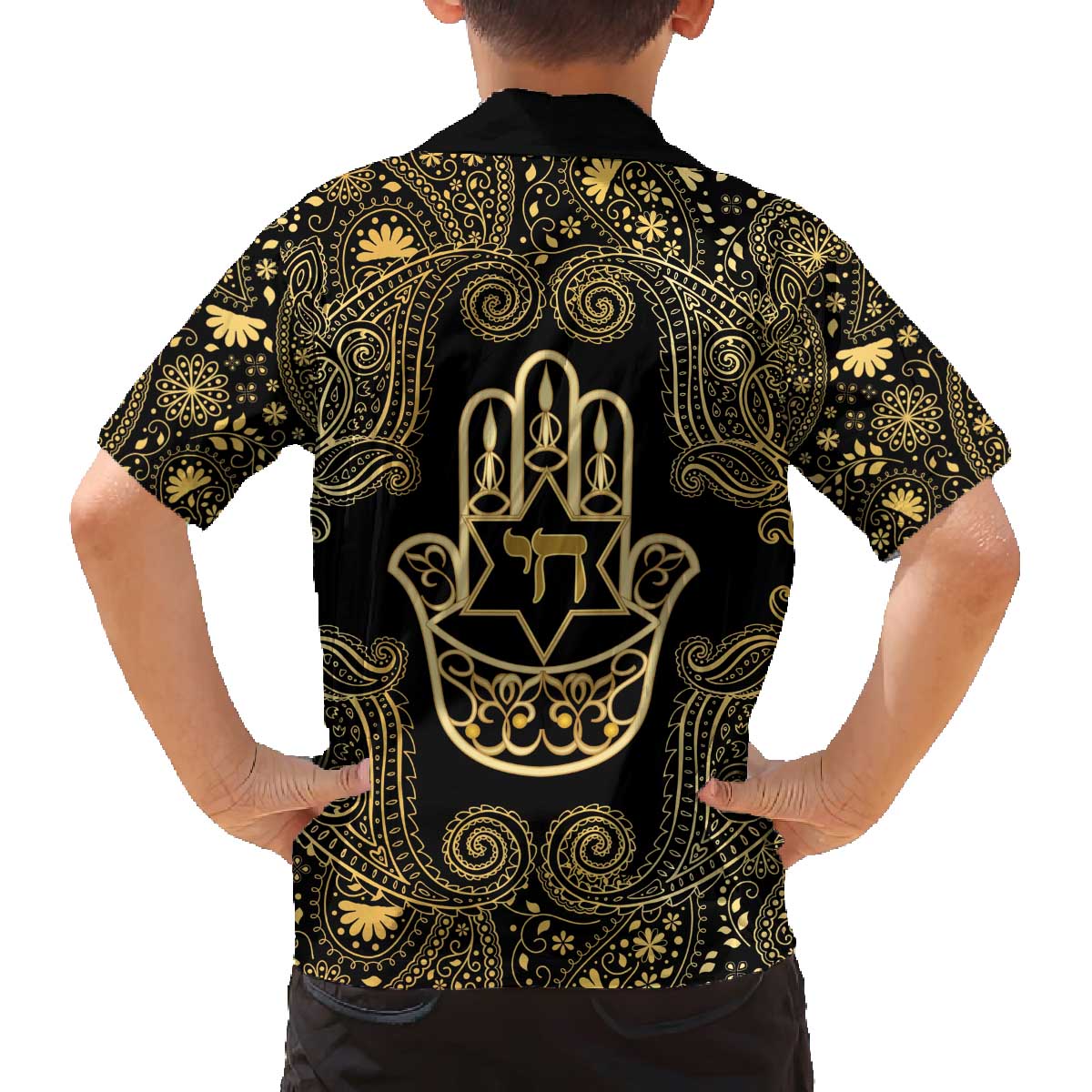 Jewish Hamsa Chai Family Matching Off The Shoulder Long Sleeve Dress and Hawaiian Shirt Gold Paisley Pattern