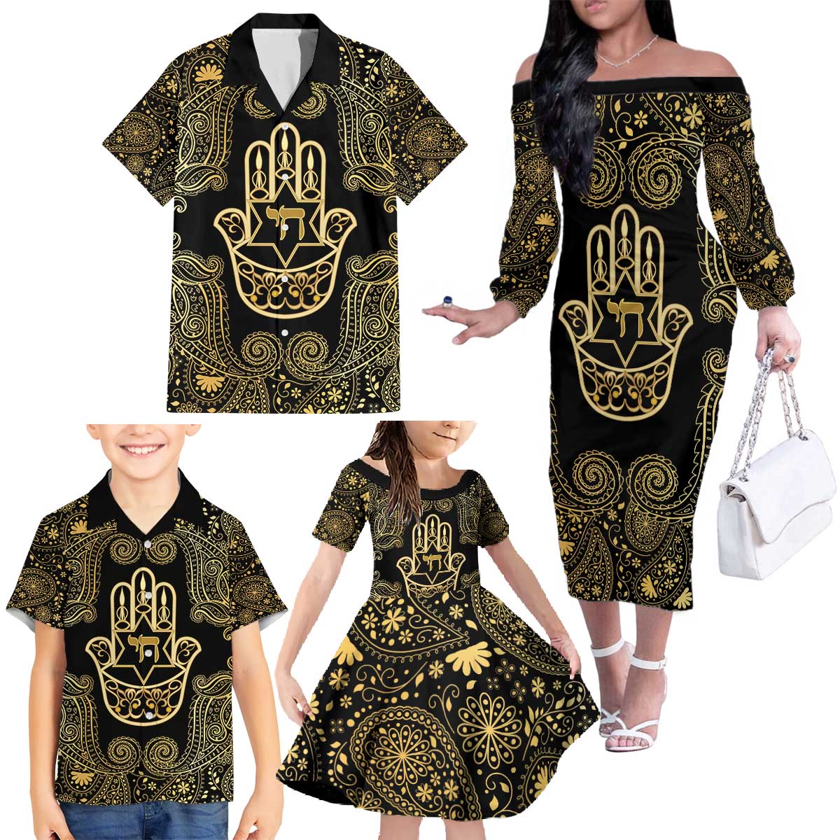 Jewish Hamsa Chai Family Matching Off The Shoulder Long Sleeve Dress and Hawaiian Shirt Gold Paisley Pattern