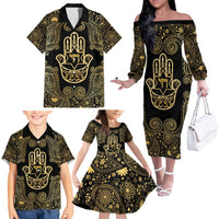 Jewish Hamsa Chai Family Matching Off The Shoulder Long Sleeve Dress and Hawaiian Shirt Gold Paisley Pattern