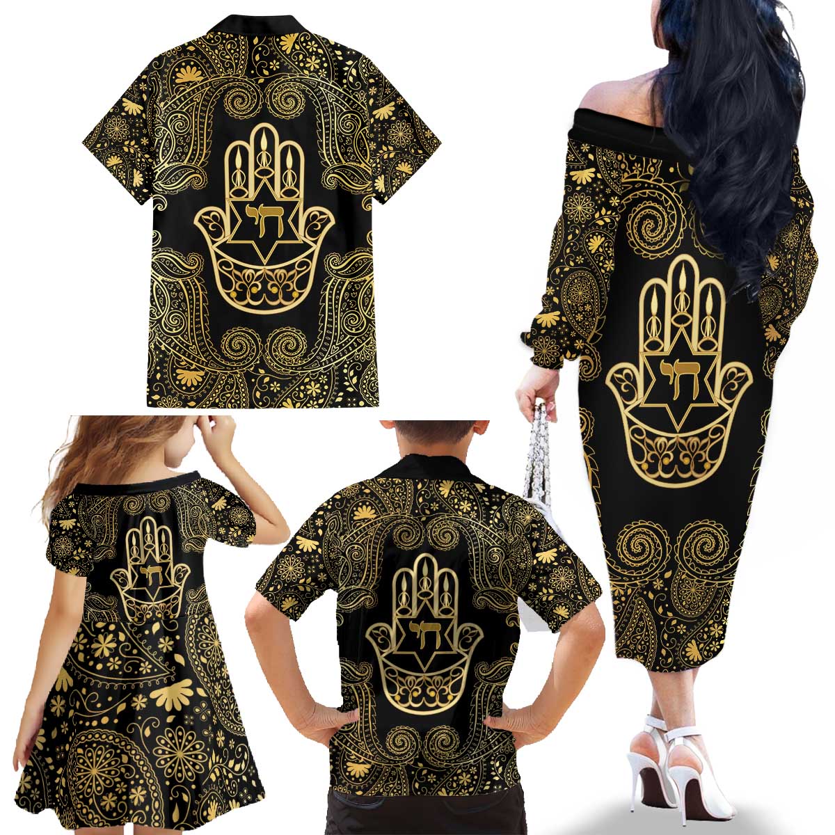 Jewish Hamsa Chai Family Matching Off The Shoulder Long Sleeve Dress and Hawaiian Shirt Gold Paisley Pattern