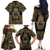 Jewish Hamsa Chai Family Matching Off The Shoulder Long Sleeve Dress and Hawaiian Shirt Gold Paisley Pattern