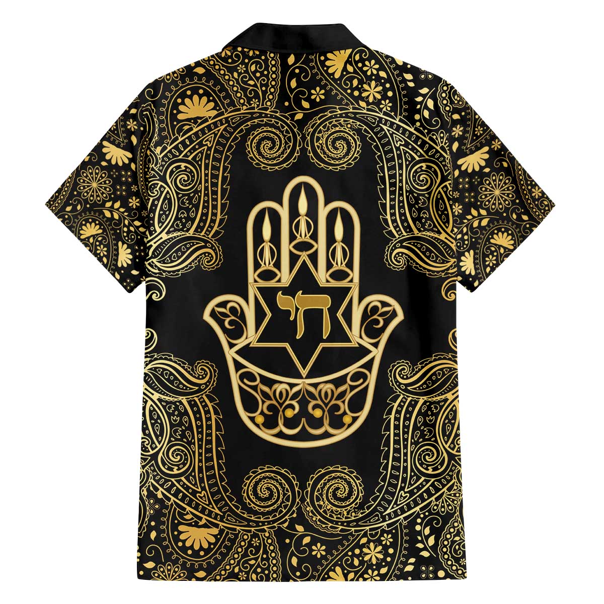 Jewish Hamsa Chai Family Matching Off The Shoulder Long Sleeve Dress and Hawaiian Shirt Gold Paisley Pattern