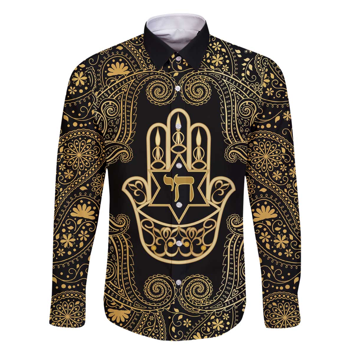 Jewish Hamsa Chai Family Matching Off The Shoulder Long Sleeve Dress and Hawaiian Shirt Gold Paisley Pattern