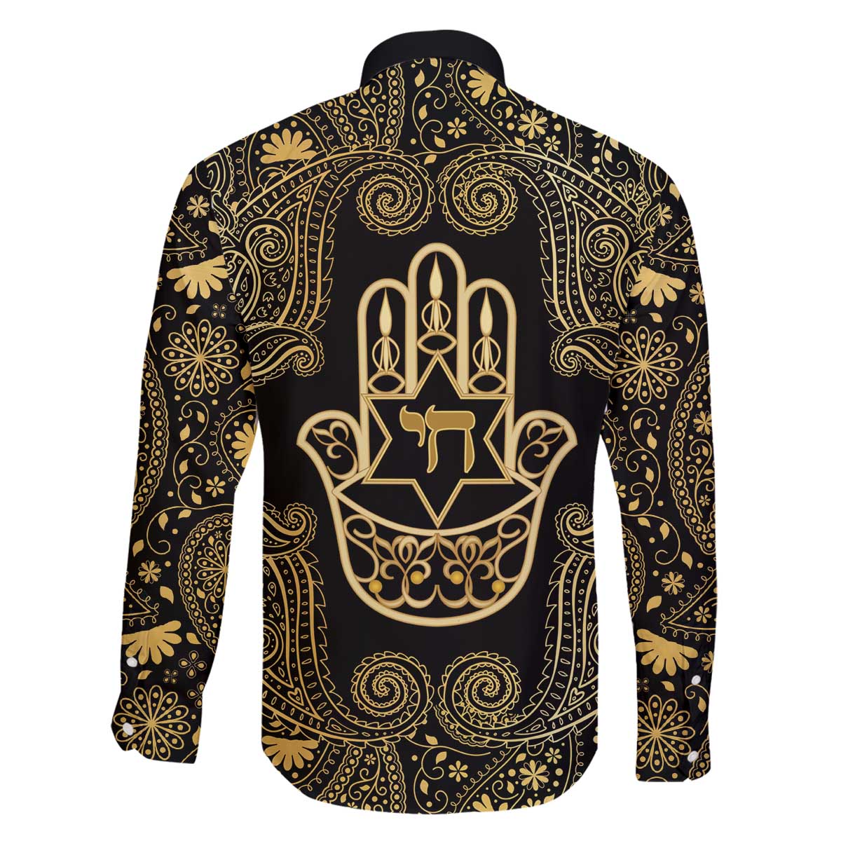 Jewish Hamsa Chai Family Matching Off The Shoulder Long Sleeve Dress and Hawaiian Shirt Gold Paisley Pattern