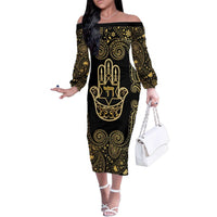 Jewish Hamsa Chai Family Matching Off The Shoulder Long Sleeve Dress and Hawaiian Shirt Gold Paisley Pattern