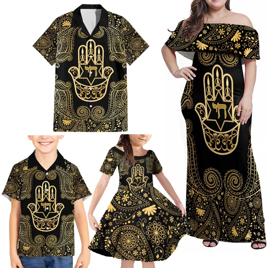 Jewish Hamsa Chai Family Matching Off Shoulder Maxi Dress and Hawaiian Shirt Gold Paisley Pattern