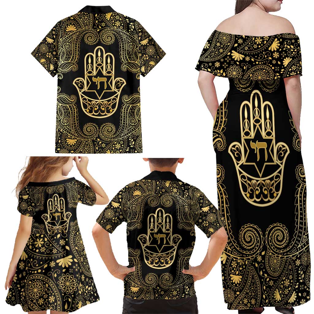 Jewish Hamsa Chai Family Matching Off Shoulder Maxi Dress and Hawaiian Shirt Gold Paisley Pattern