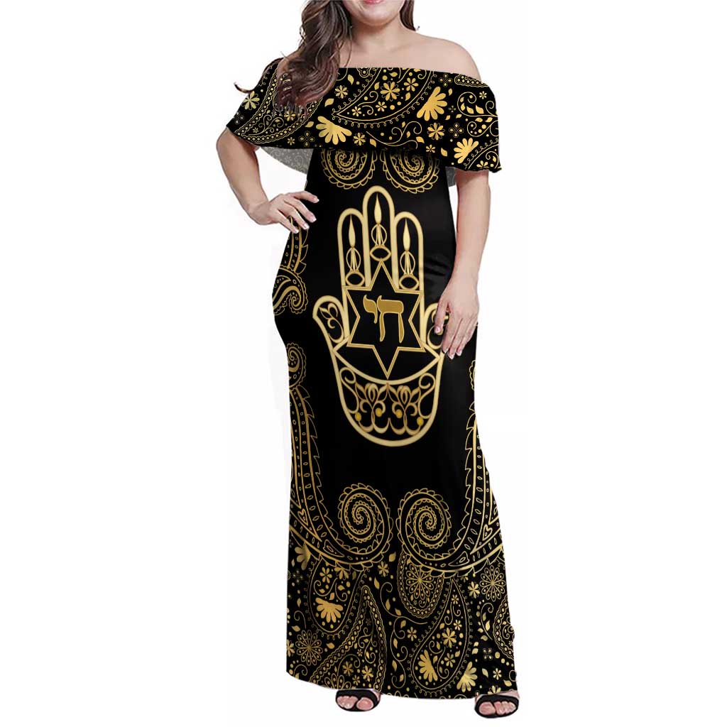 Jewish Hamsa Chai Family Matching Off Shoulder Maxi Dress and Hawaiian Shirt Gold Paisley Pattern