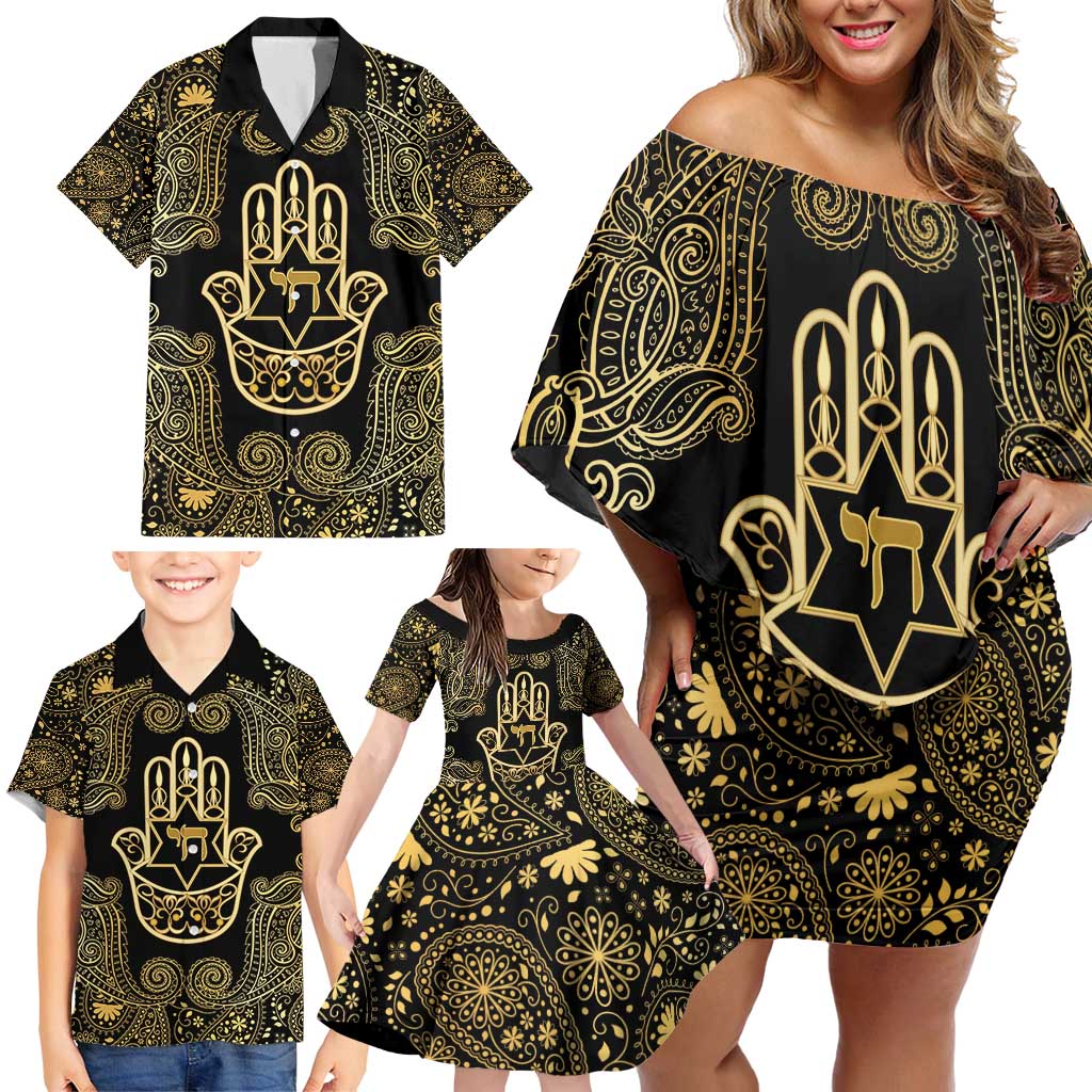 Jewish Hamsa Chai Family Matching Off Shoulder Short Dress and Hawaiian Shirt Gold Paisley Pattern