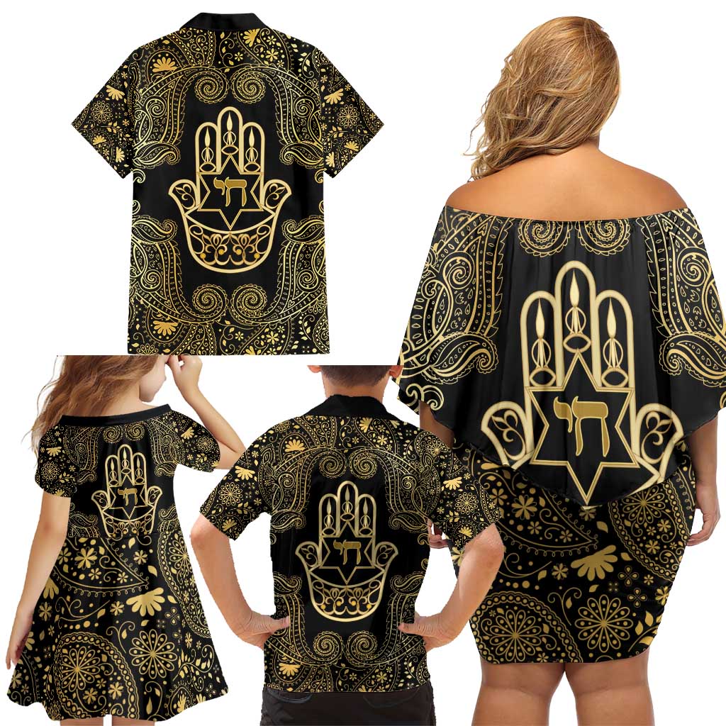 Jewish Hamsa Chai Family Matching Off Shoulder Short Dress and Hawaiian Shirt Gold Paisley Pattern