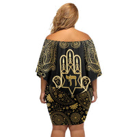 Jewish Hamsa Chai Family Matching Off Shoulder Short Dress and Hawaiian Shirt Gold Paisley Pattern