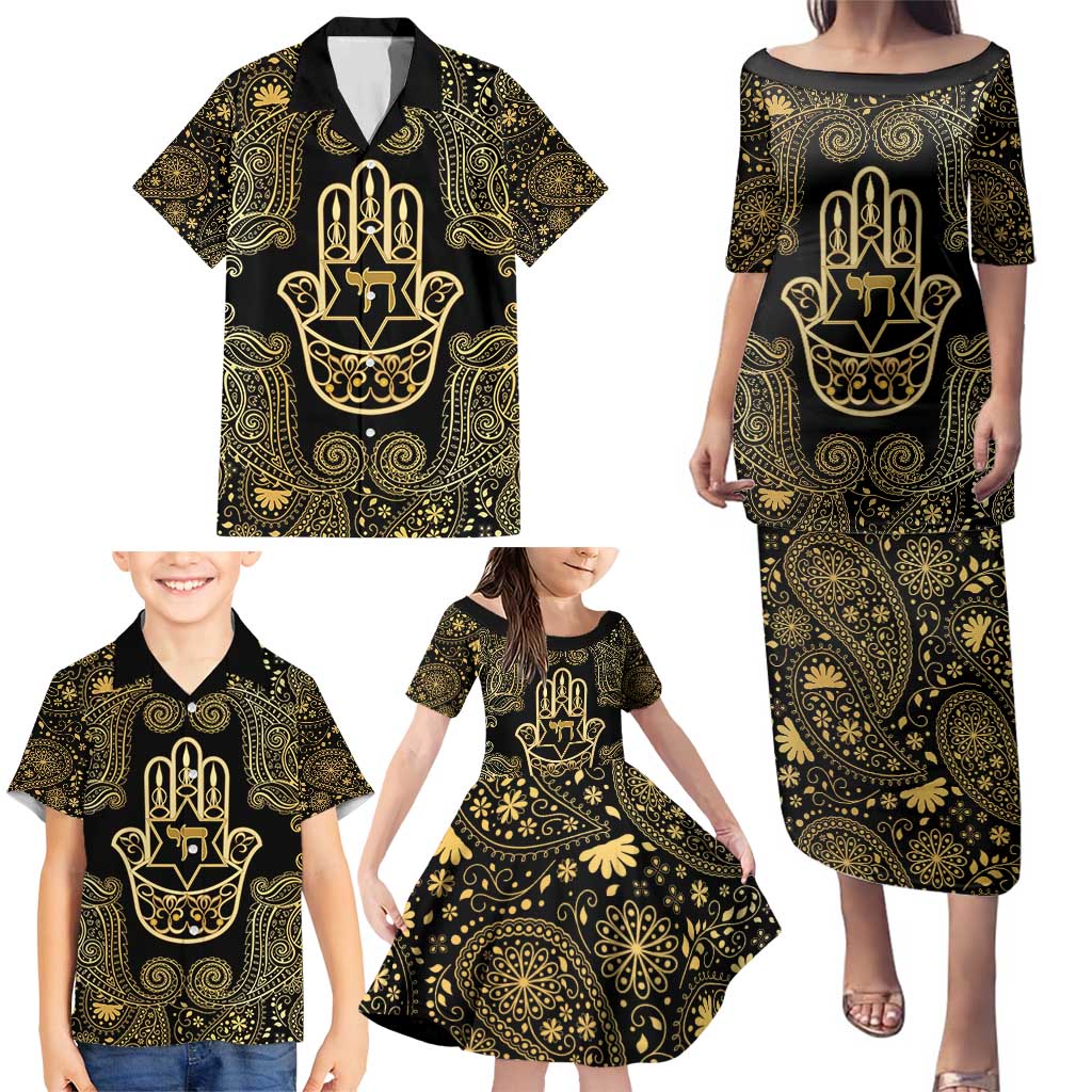 Jewish Hamsa Chai Family Matching Puletasi and Hawaiian Shirt Gold Paisley Pattern