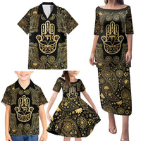 Jewish Hamsa Chai Family Matching Puletasi and Hawaiian Shirt Gold Paisley Pattern
