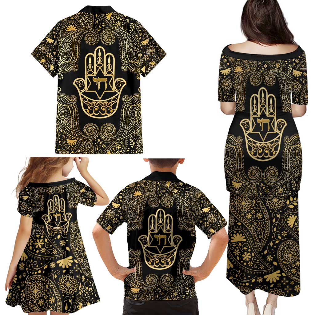 Jewish Hamsa Chai Family Matching Puletasi and Hawaiian Shirt Gold Paisley Pattern
