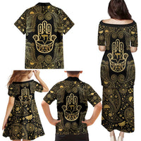 Jewish Hamsa Chai Family Matching Puletasi and Hawaiian Shirt Gold Paisley Pattern
