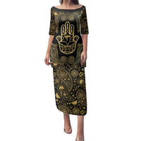 Jewish Hamsa Chai Family Matching Puletasi and Hawaiian Shirt Gold Paisley Pattern