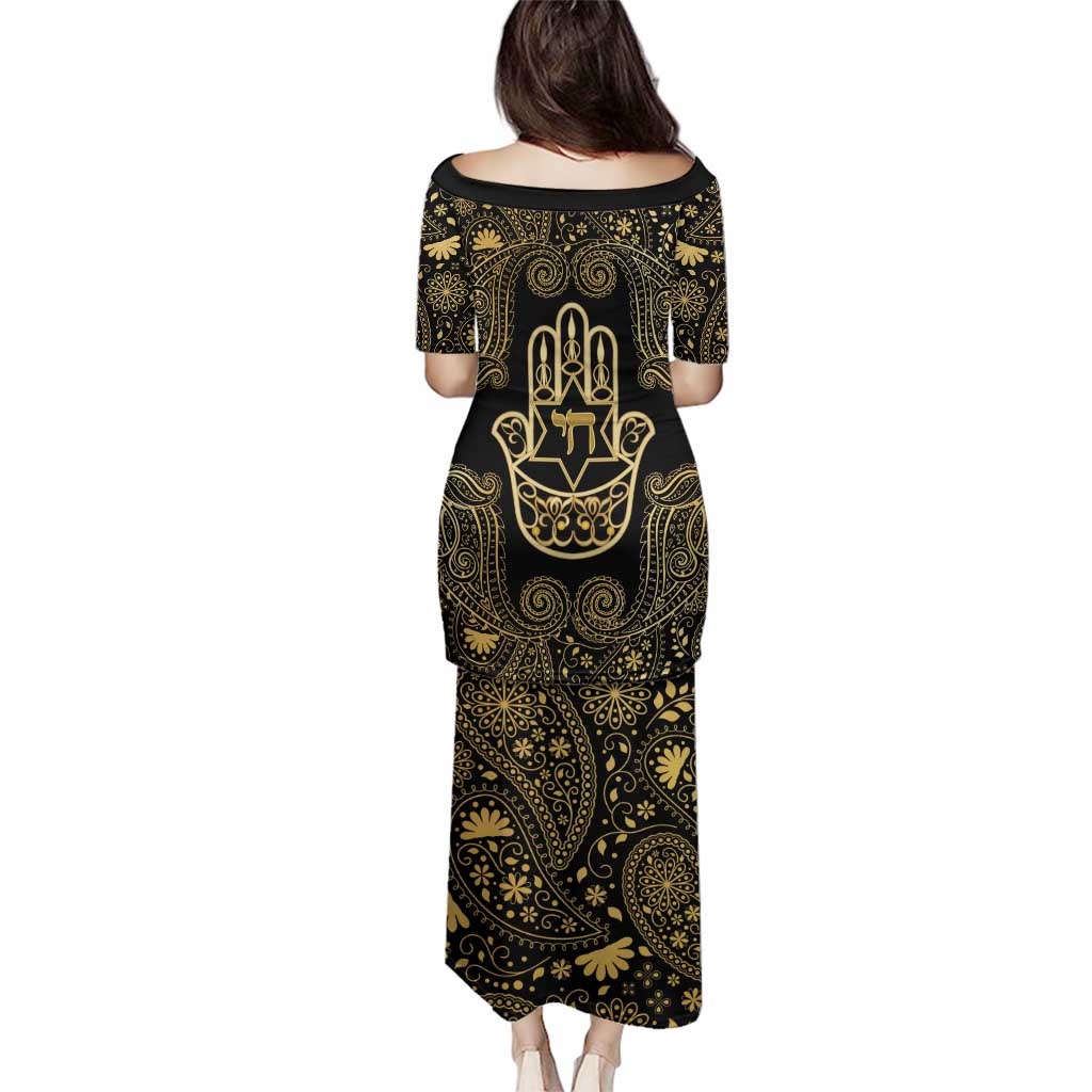 Jewish Hamsa Chai Family Matching Puletasi and Hawaiian Shirt Gold Paisley Pattern