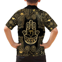 Jewish Hamsa Chai Family Matching Short Sleeve Bodycon Dress and Hawaiian Shirt Gold Paisley Pattern