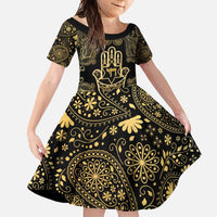 Jewish Hamsa Chai Family Matching Short Sleeve Bodycon Dress and Hawaiian Shirt Gold Paisley Pattern