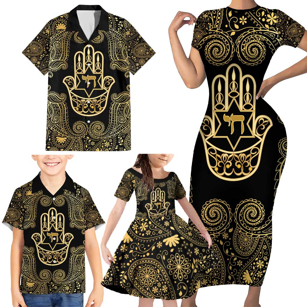 Jewish Hamsa Chai Family Matching Short Sleeve Bodycon Dress and Hawaiian Shirt Gold Paisley Pattern