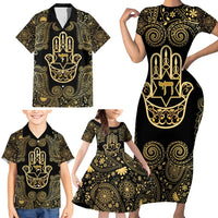 Jewish Hamsa Chai Family Matching Short Sleeve Bodycon Dress and Hawaiian Shirt Gold Paisley Pattern