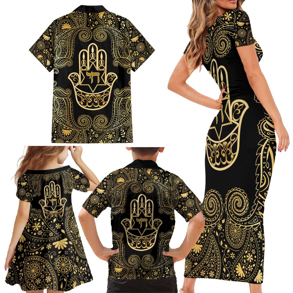 Jewish Hamsa Chai Family Matching Short Sleeve Bodycon Dress and Hawaiian Shirt Gold Paisley Pattern