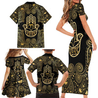 Jewish Hamsa Chai Family Matching Short Sleeve Bodycon Dress and Hawaiian Shirt Gold Paisley Pattern