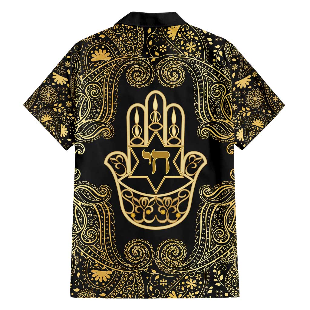 Jewish Hamsa Chai Family Matching Short Sleeve Bodycon Dress and Hawaiian Shirt Gold Paisley Pattern
