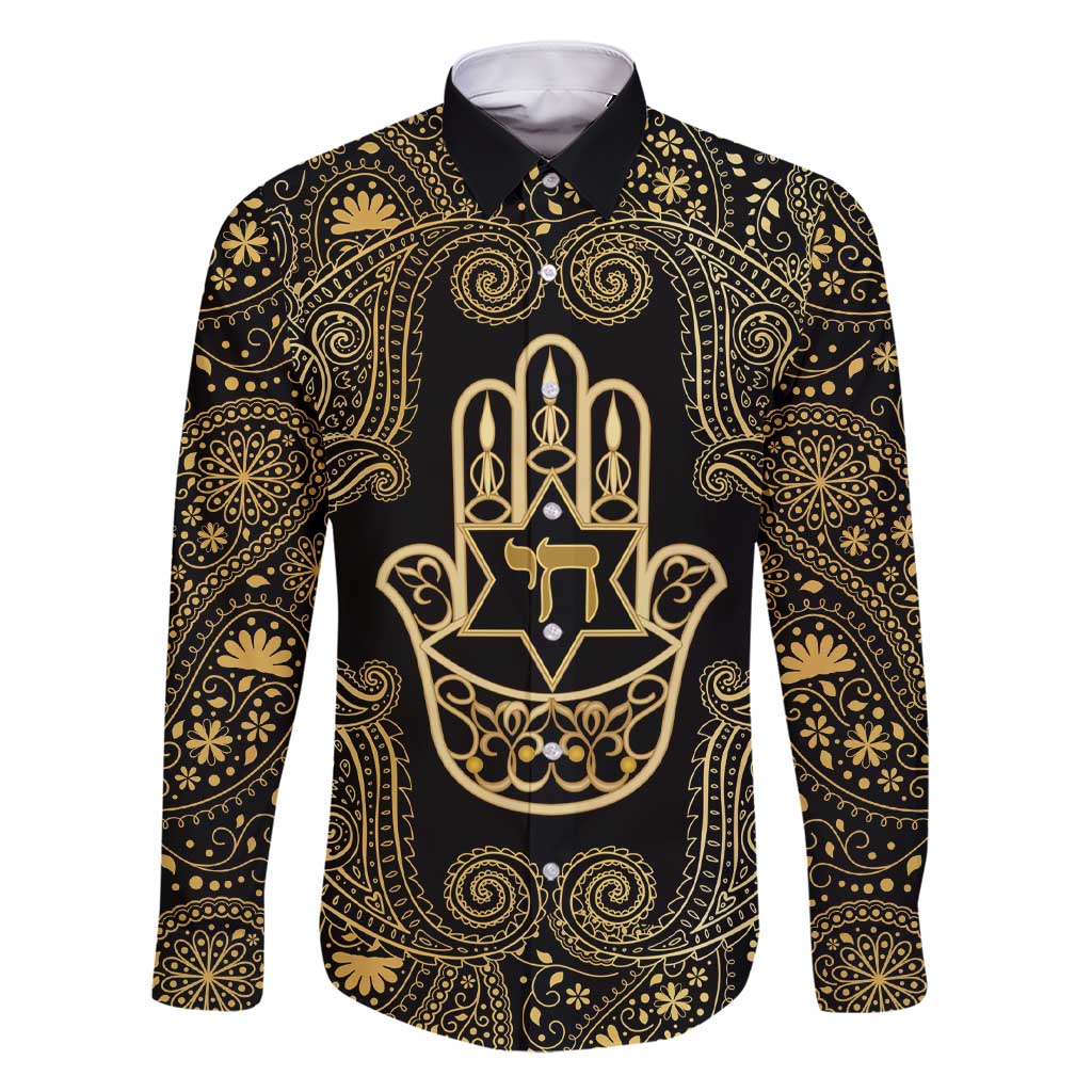 Jewish Hamsa Chai Family Matching Short Sleeve Bodycon Dress and Hawaiian Shirt Gold Paisley Pattern