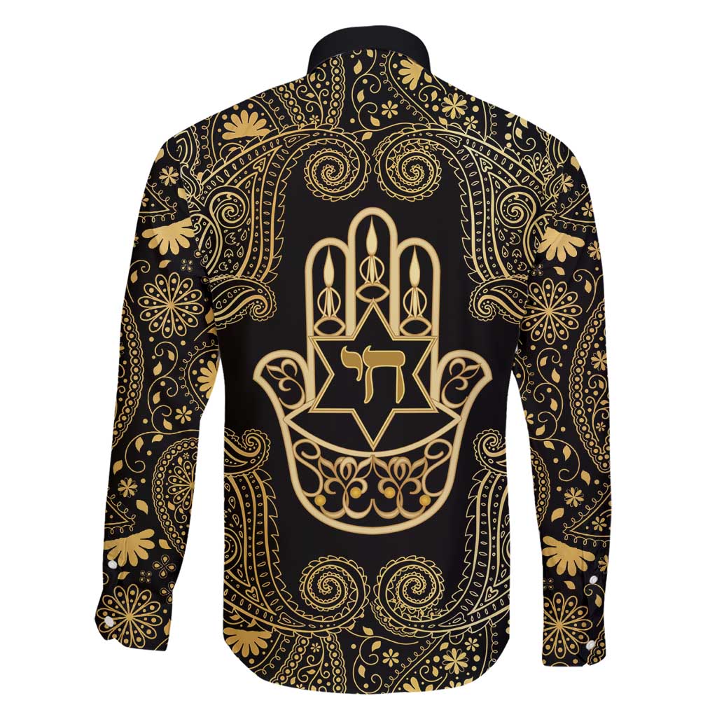 Jewish Hamsa Chai Family Matching Short Sleeve Bodycon Dress and Hawaiian Shirt Gold Paisley Pattern