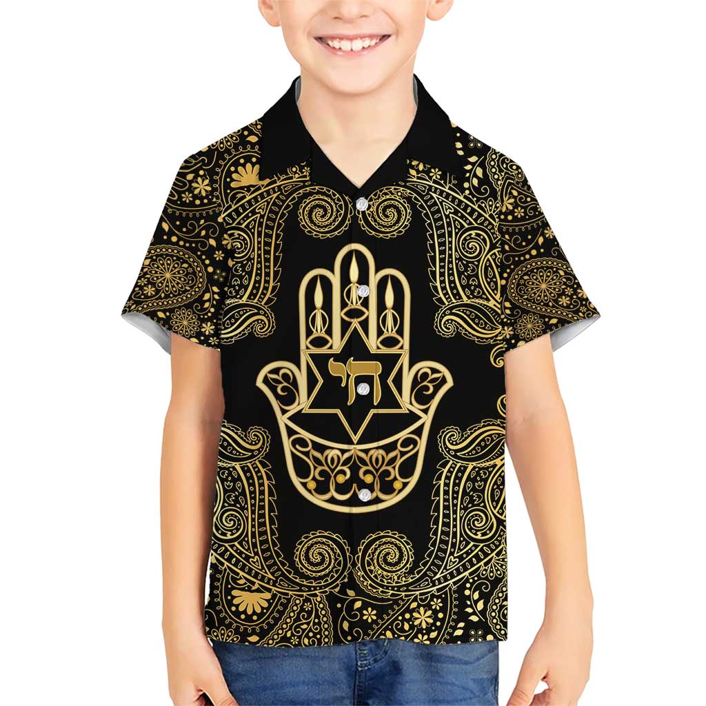 Jewish Hamsa Chai Family Matching Short Sleeve Bodycon Dress and Hawaiian Shirt Gold Paisley Pattern