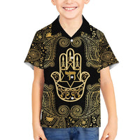 Jewish Hamsa Chai Family Matching Short Sleeve Bodycon Dress and Hawaiian Shirt Gold Paisley Pattern
