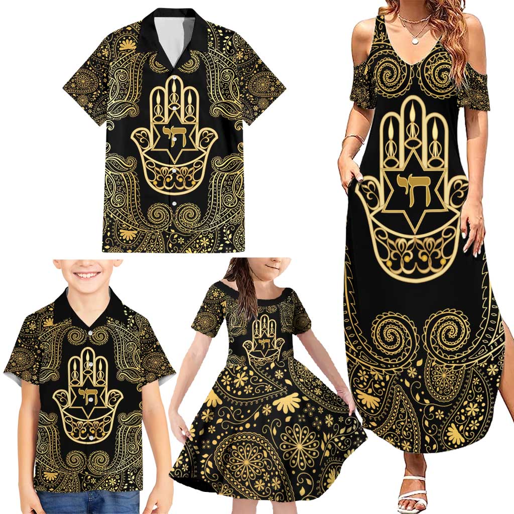 Jewish Hamsa Chai Family Matching Summer Maxi Dress and Hawaiian Shirt Gold Paisley Pattern