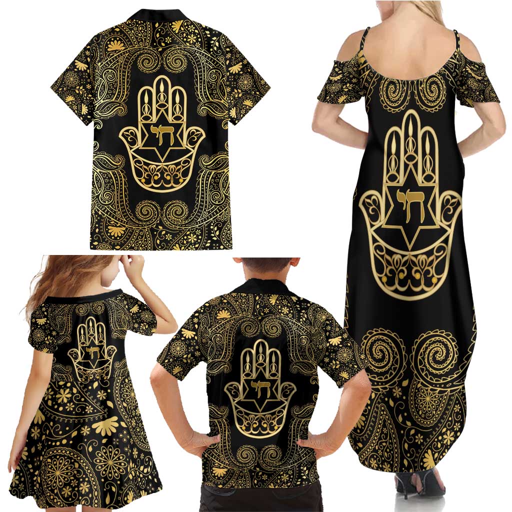 Jewish Hamsa Chai Family Matching Summer Maxi Dress and Hawaiian Shirt Gold Paisley Pattern