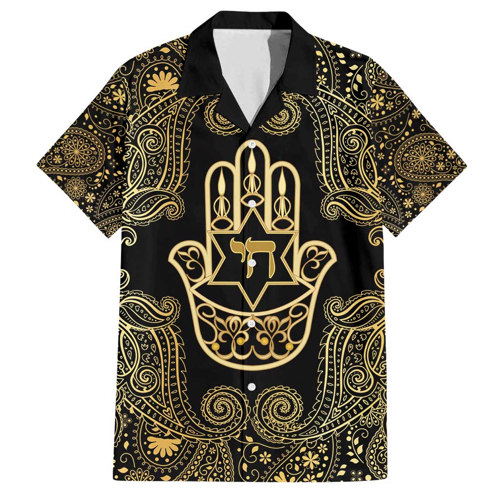 Jewish Hamsa Chai Family Matching Summer Maxi Dress and Hawaiian Shirt Gold Paisley Pattern