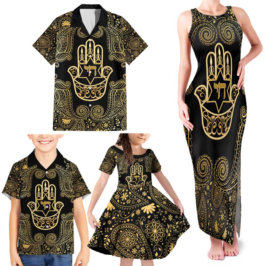 Jewish Hamsa Chai Family Matching Tank Maxi Dress and Hawaiian Shirt Gold Paisley Pattern