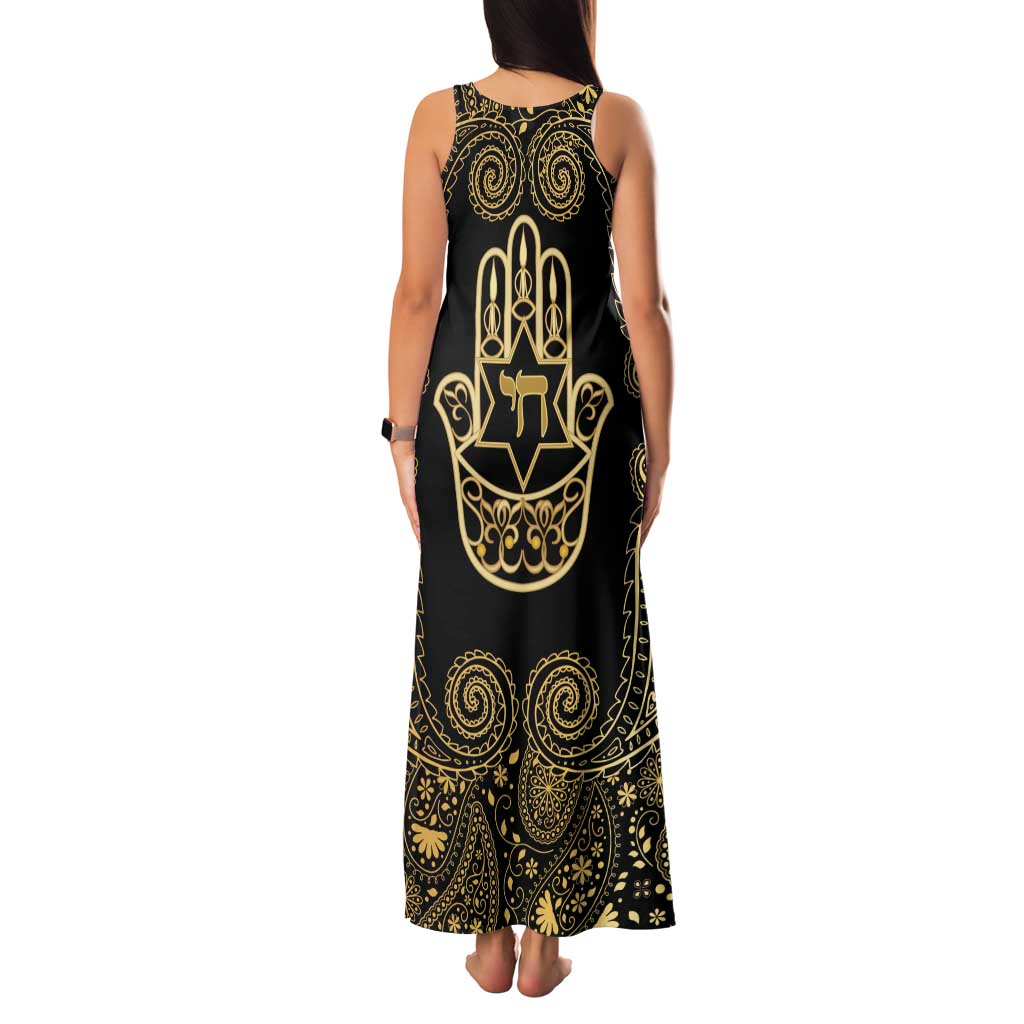 Jewish Hamsa Chai Family Matching Tank Maxi Dress and Hawaiian Shirt Gold Paisley Pattern