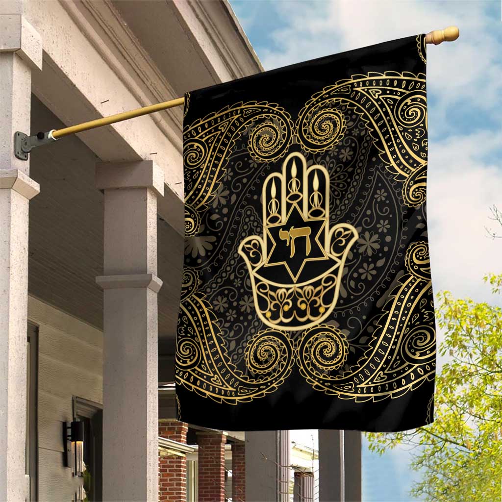 Jewish Hamsa Chai Garden Flag Gold Paisley Pattern