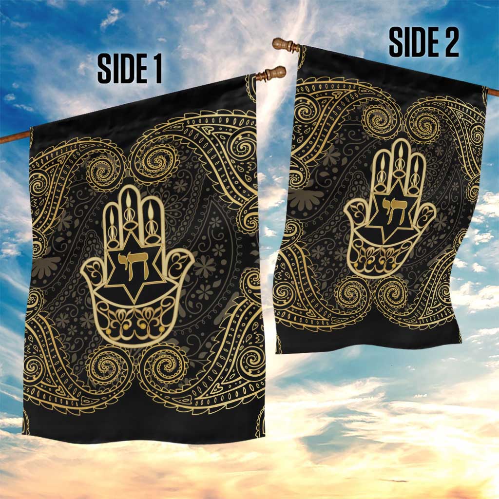 Jewish Hamsa Chai Garden Flag Gold Paisley Pattern