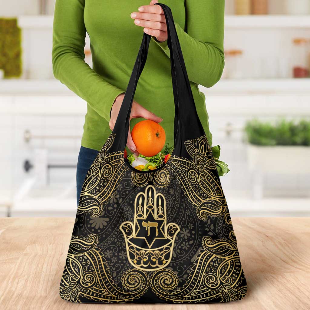 Jewish Hamsa Chai Grocery Bag Gold Paisley Pattern