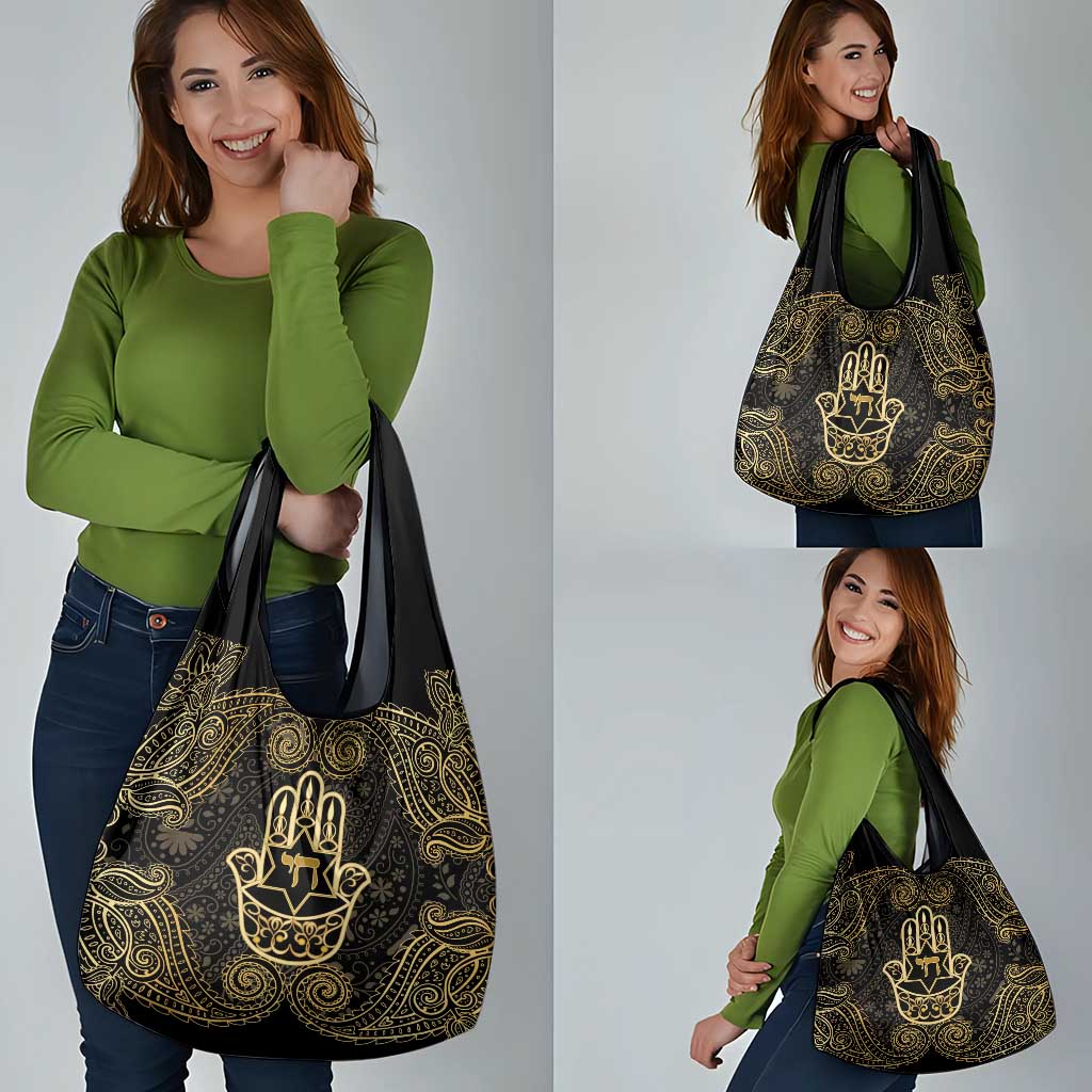 Jewish Hamsa Chai Grocery Bag Gold Paisley Pattern