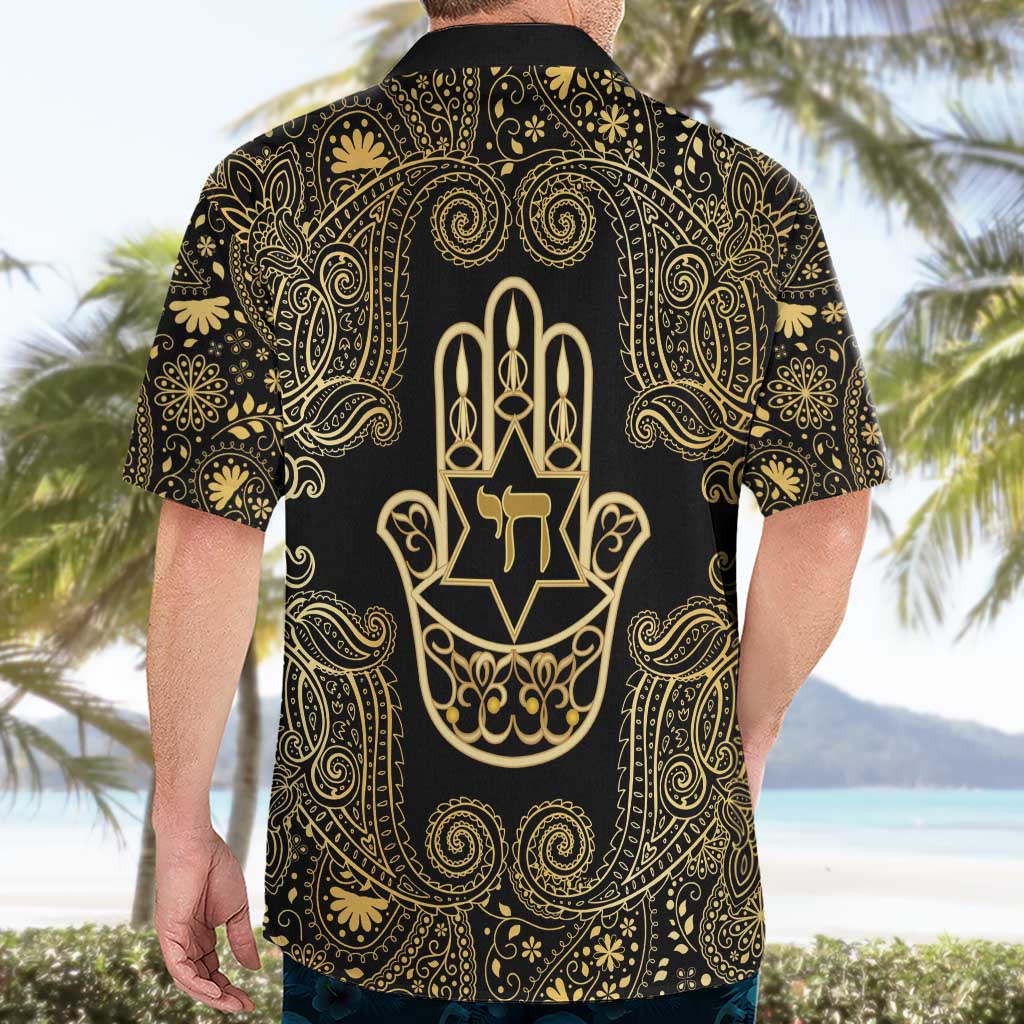 Jewish Hamsa Chai Hawaiian Shirt Gold Paisley Pattern