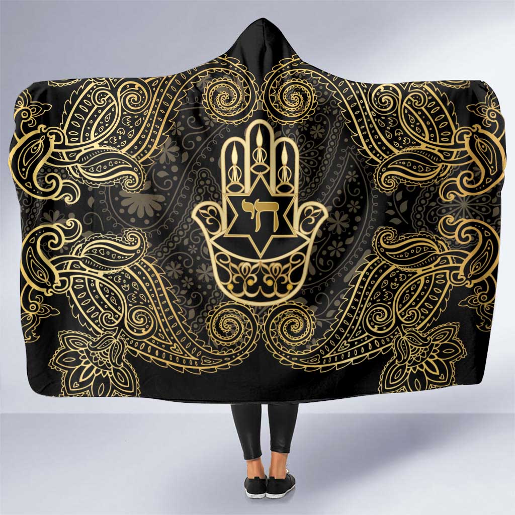 Jewish Hamsa Chai Hooded Blanket Gold Paisley Pattern