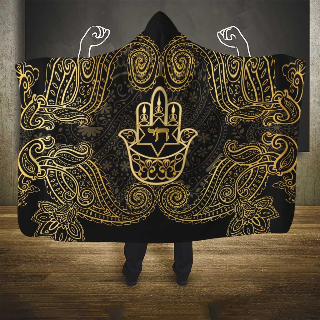 Jewish Hamsa Chai Hooded Blanket Gold Paisley Pattern