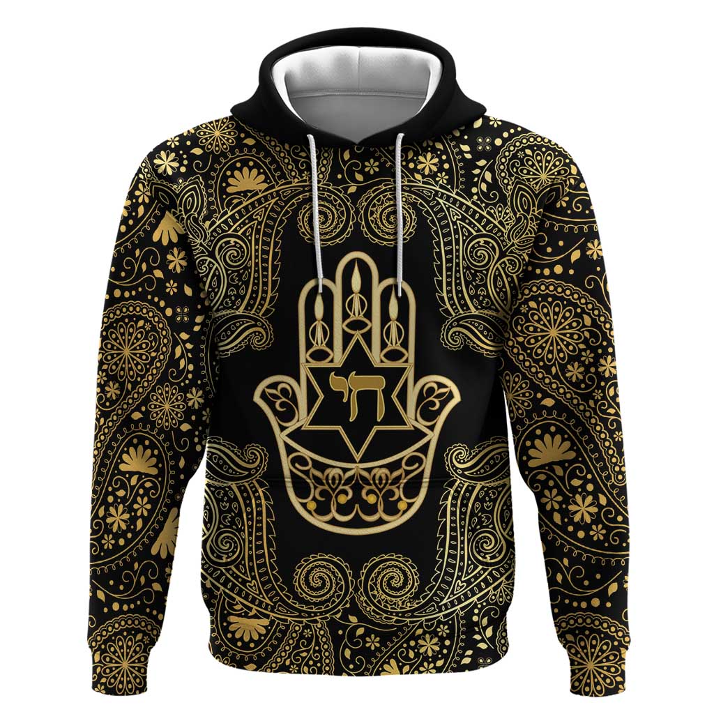 Jewish Hamsa Chai Hoodie Gold Paisley Pattern