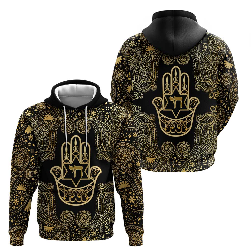Jewish Hamsa Chai Hoodie Gold Paisley Pattern