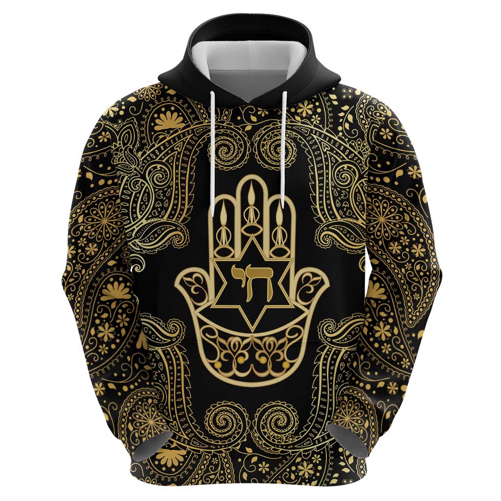 Jewish Hamsa Chai Hoodie Gold Paisley Pattern