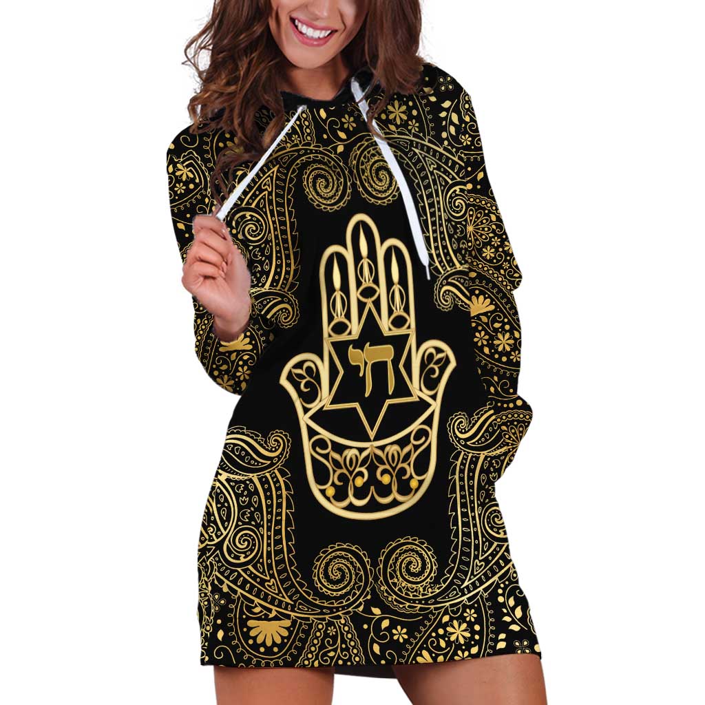 Jewish Hamsa Chai Hoodie Dress Gold Paisley Pattern