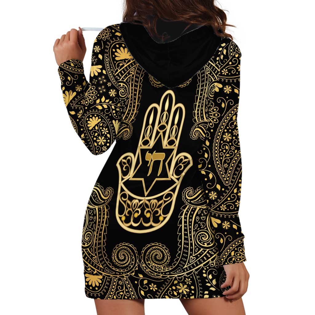Jewish Hamsa Chai Hoodie Dress Gold Paisley Pattern