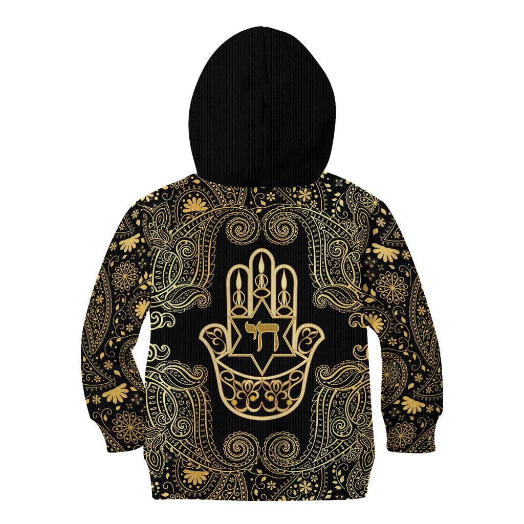 Jewish Hamsa Chai Kid Hoodie Gold Paisley Pattern